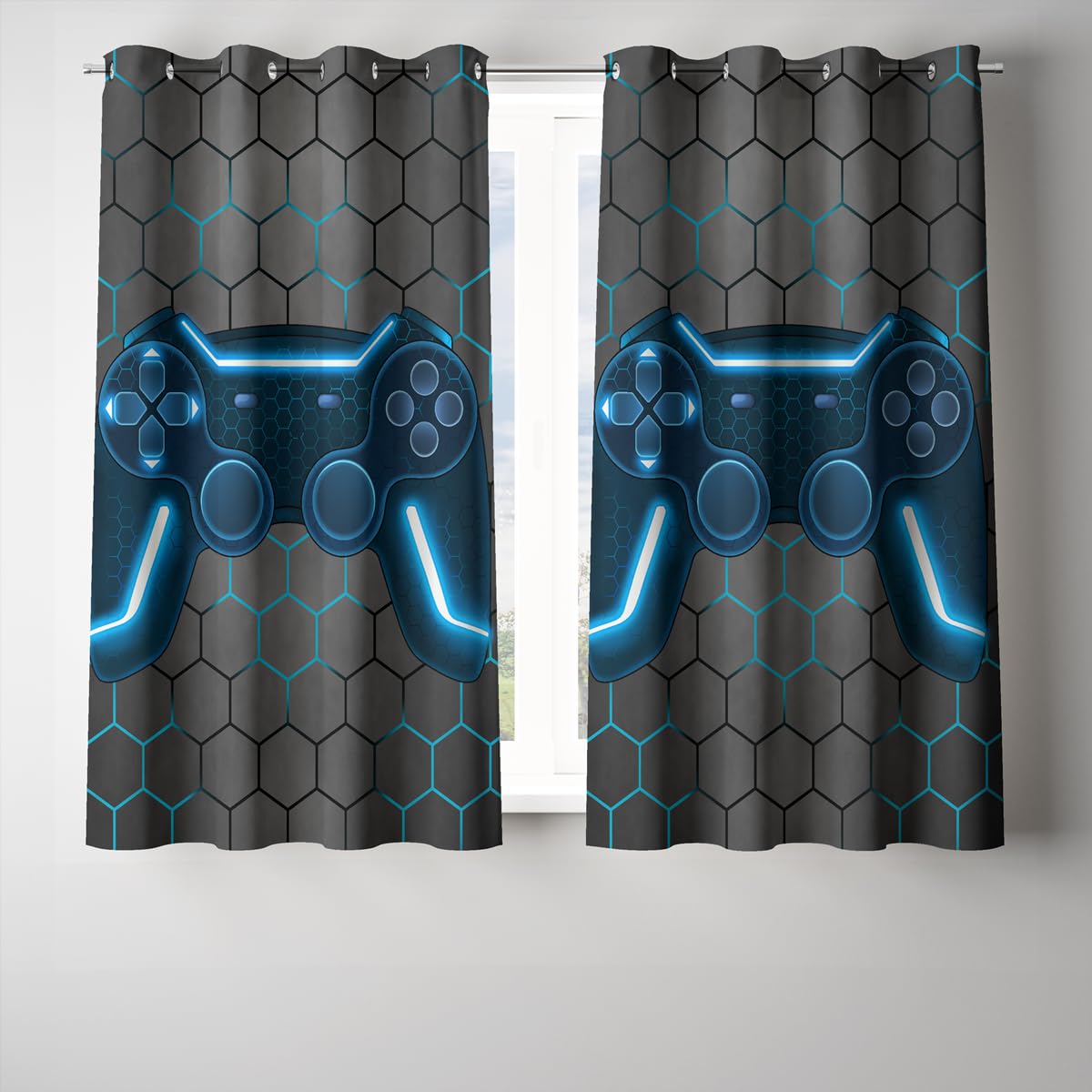 NTBED front view of blue panels showing game console pattern and stylish blackout benefit