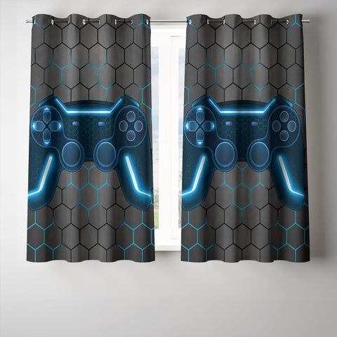 NTBED front view of blue panels showing game console pattern and stylish blackout benefit