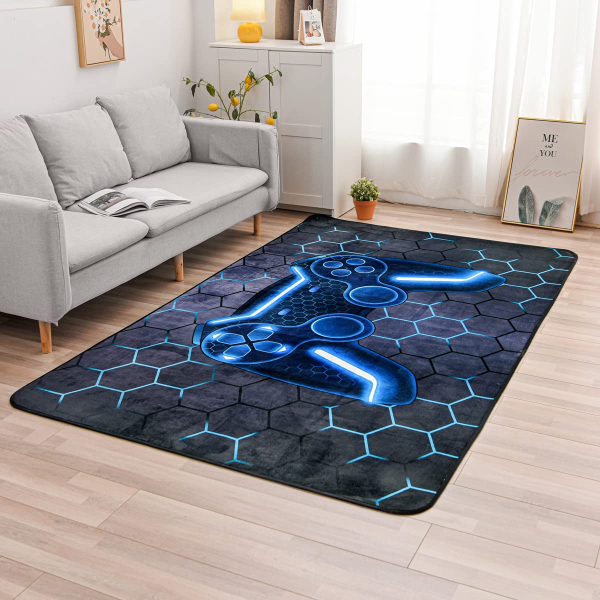 NTBED front view of blue game rug showing controller graphic and comfort
