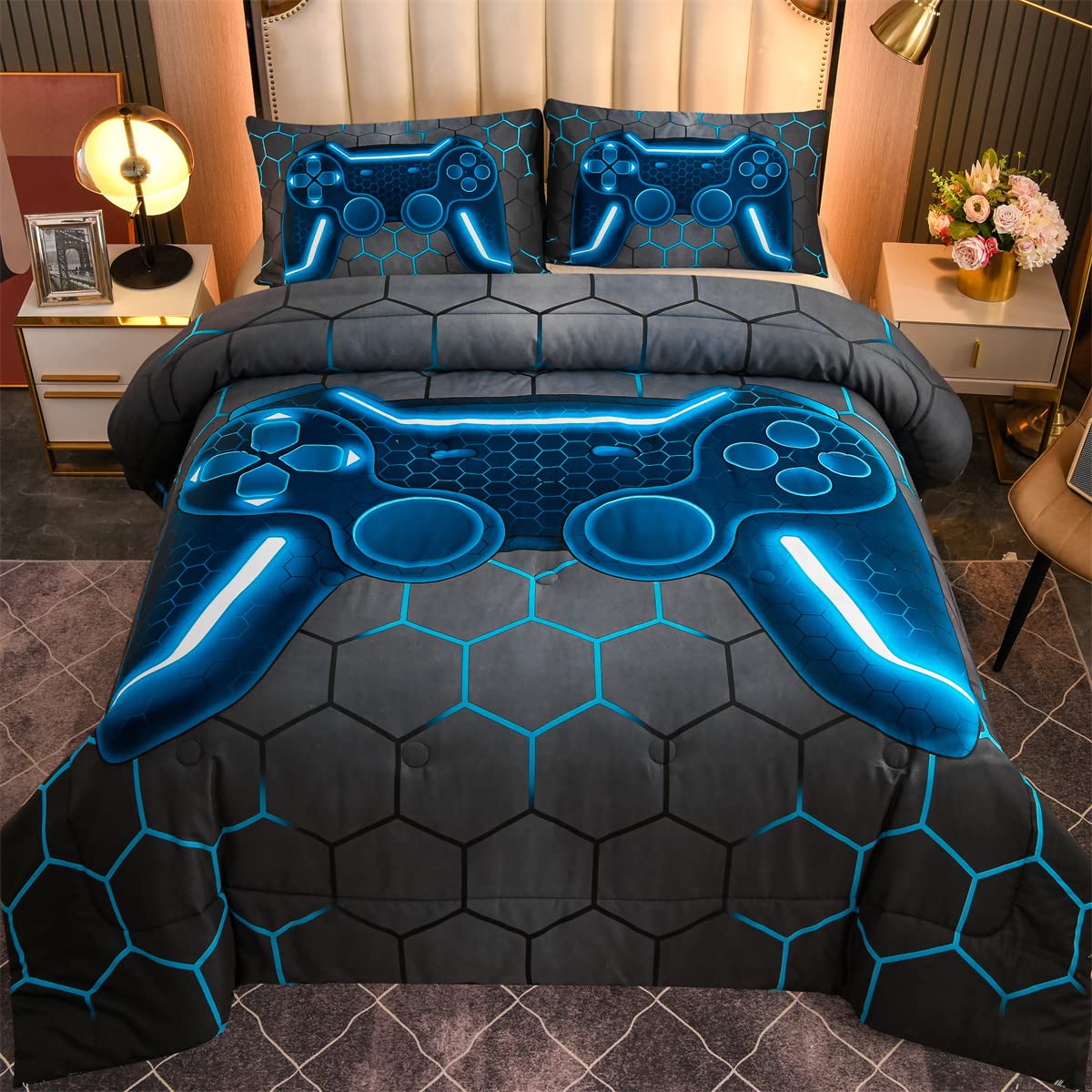 NTBED front view of full gamer comforter set shows bold blue theme and coordinated pieces