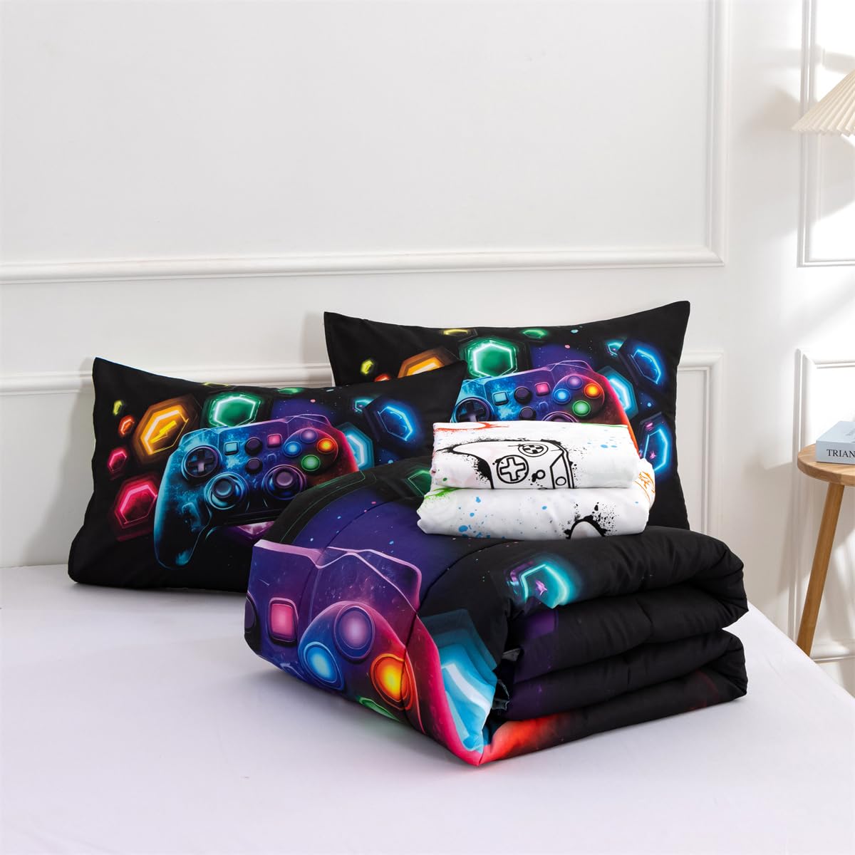 NTBED comforter on twin bed with ruler to show accurate size and coverage