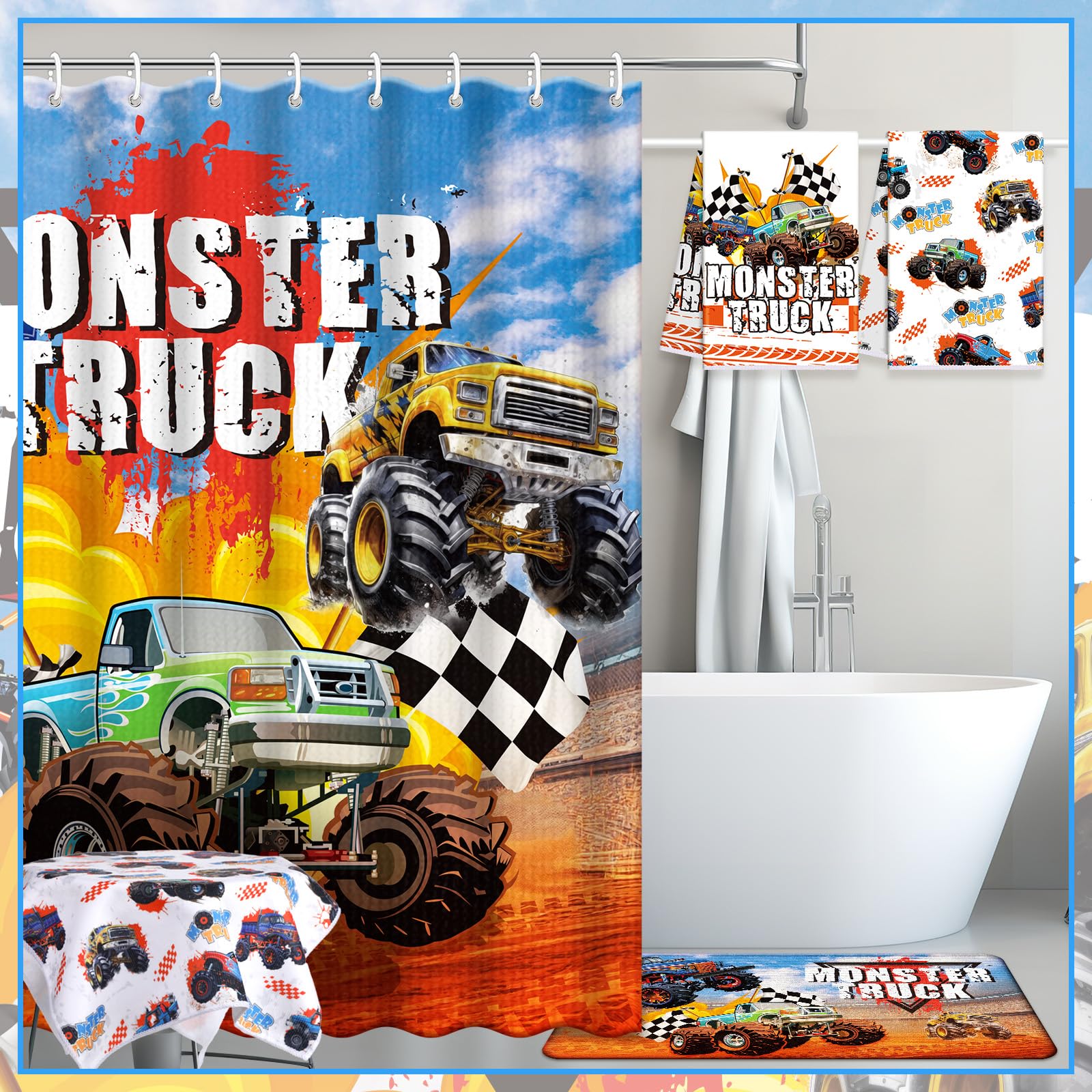 Nuanchu close-up of printed monster truck pattern showing vivid, fade-resistant colors