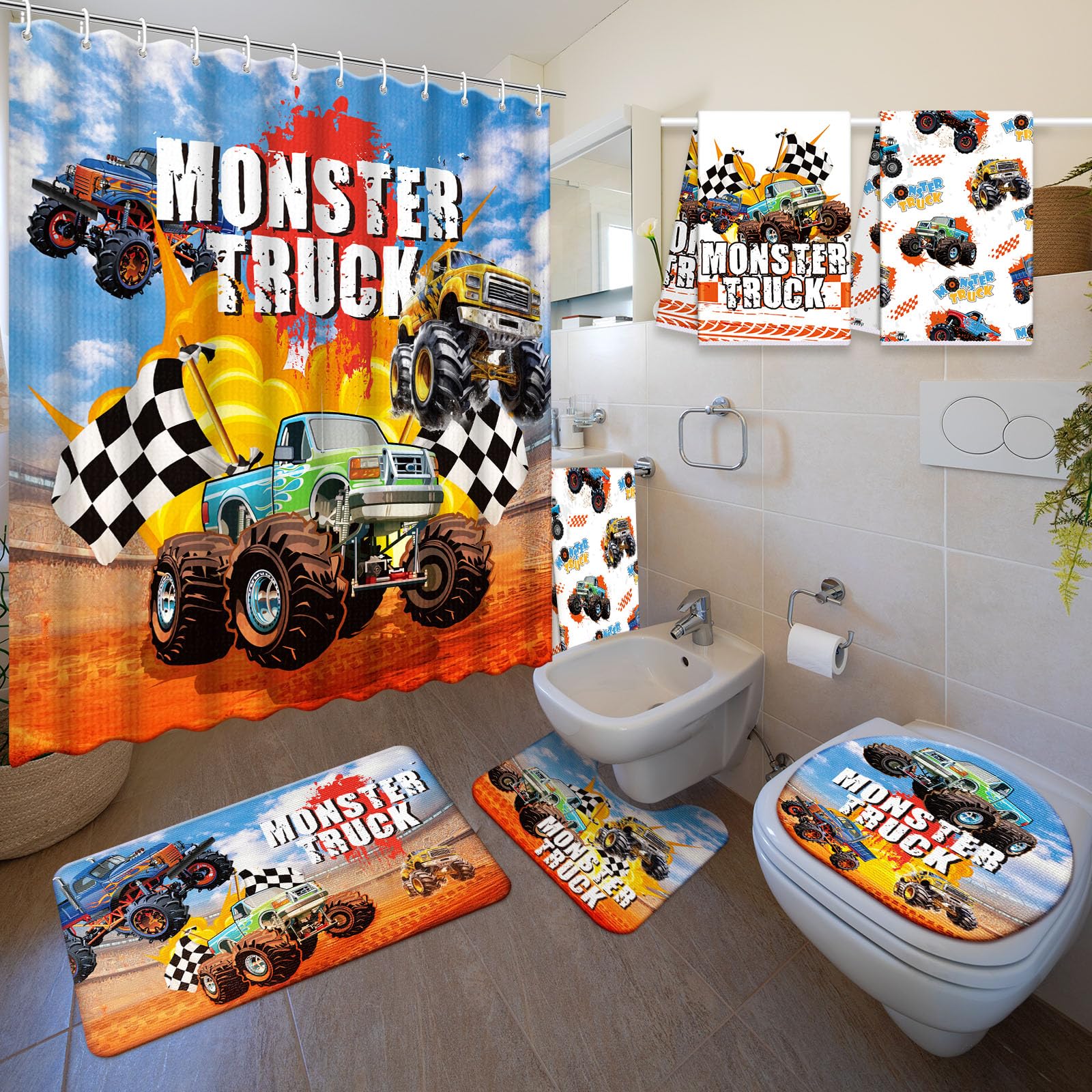 Nuanchu shower curtain front view with bold truck graphics for fun bathroom style