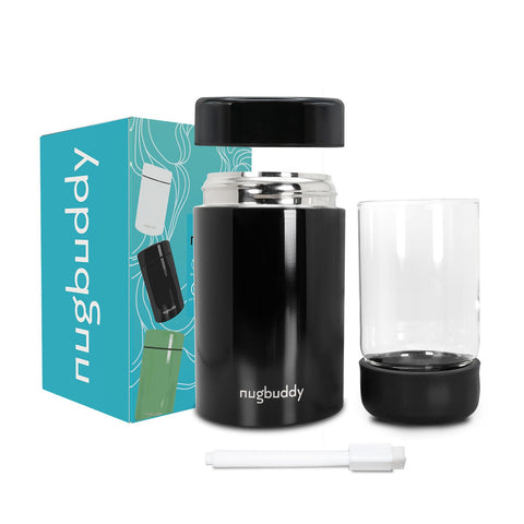 nugbuddy front view showing airtight stainless container and clear benefits