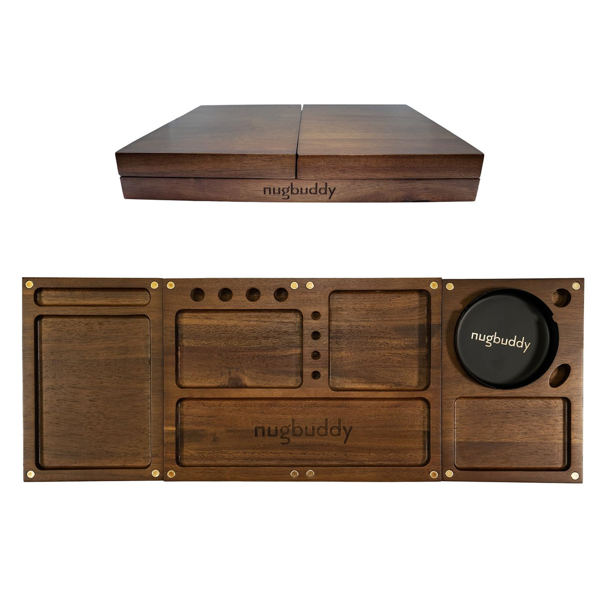 nugbuddy front view of assembled tray shows organized design and polished acacia wood