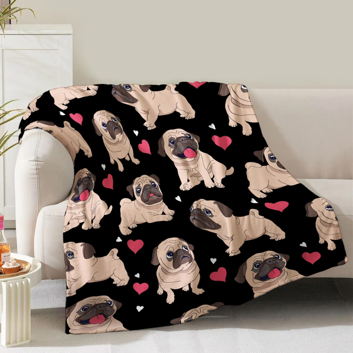 NuKuNsKf front view of pug blanket showing full print and cozy design