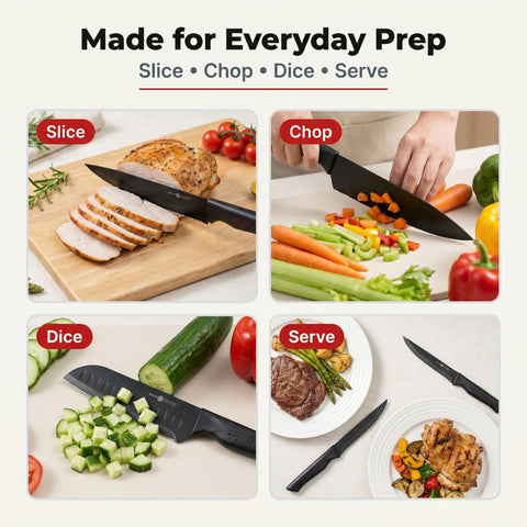 NULAS serrated bread knife cutting loaf to show clean crust-to-crumb slicing