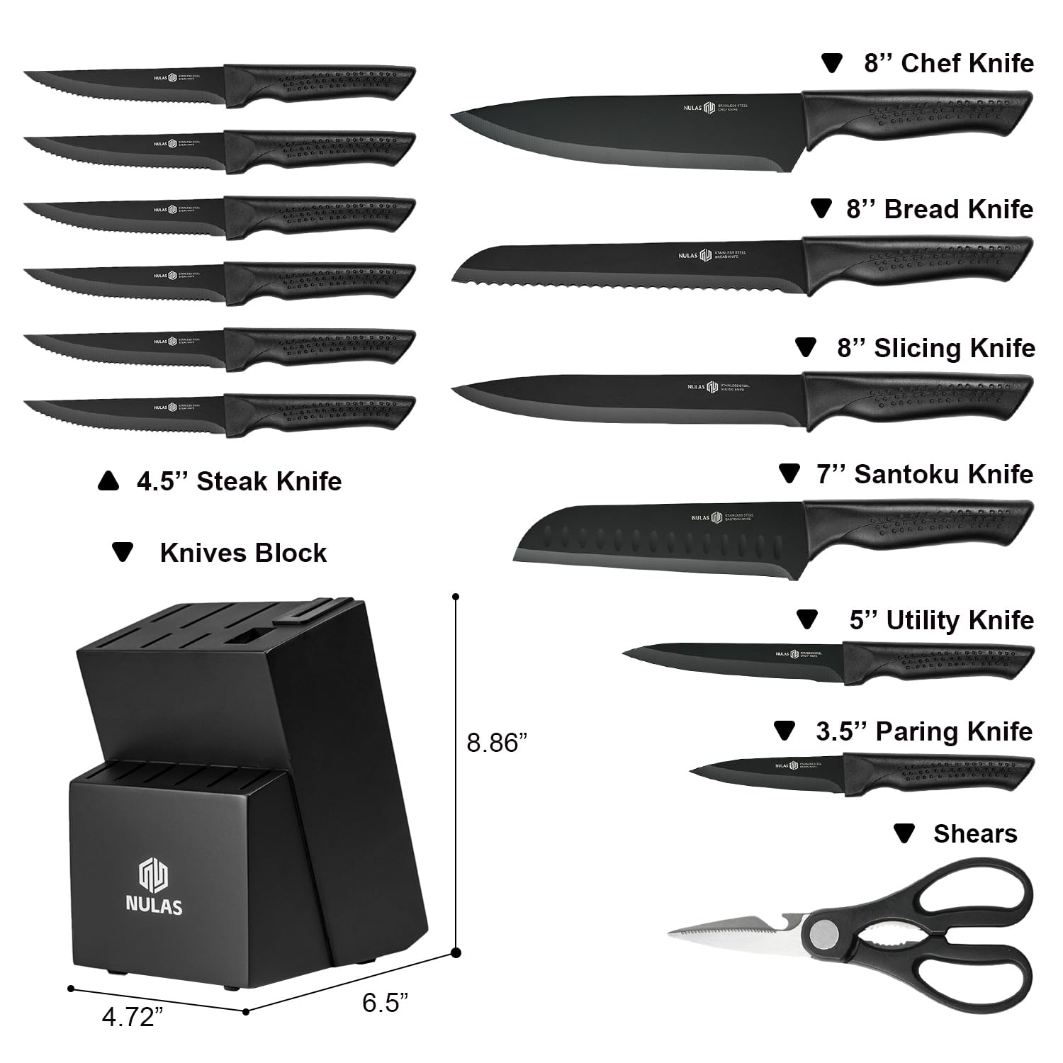 NULAS close-up of chef knife blade showing coated steel for smoother cutting