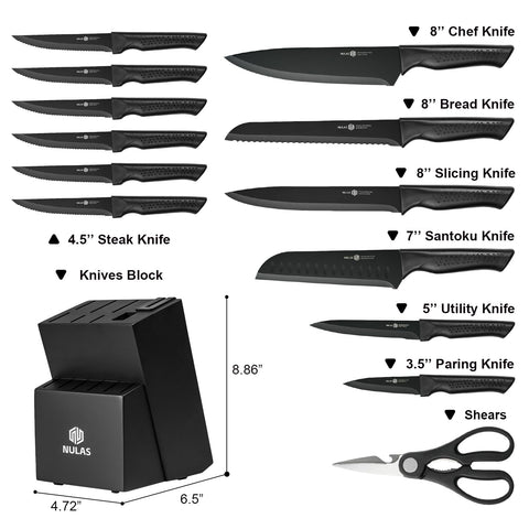 NULAS close-up of chef knife blade showing coated steel for smoother cutting