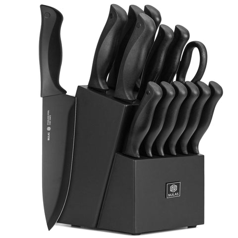 NULAS front view of block and full 15-piece set showing organized storage and convenience