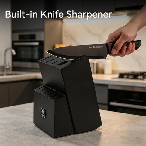 NULAS built-in sharpener detail in block showing quick edge touch-up convenience
