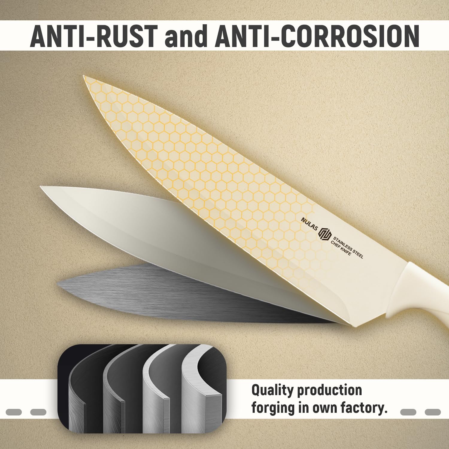 NULAS knives arranged in universal block for safe accessible countertop storage