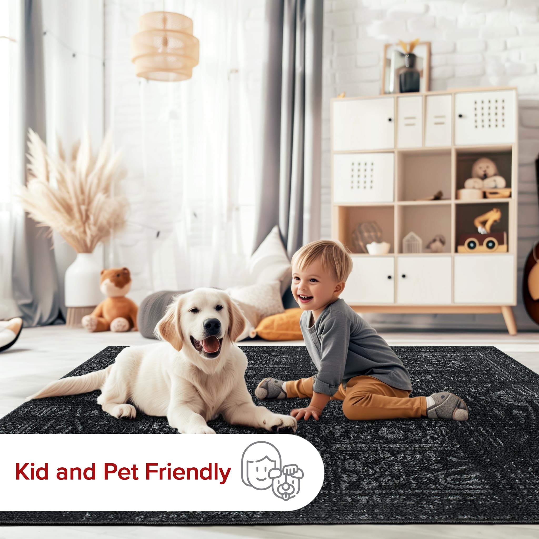nuLOOM Arlena in kids play area showing stain-resistant practicality