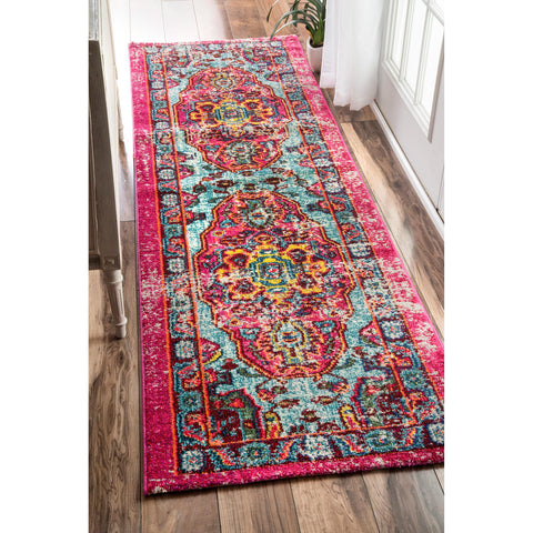 nuLOOM Corbett fuchsia front view showing vibrant medallion and distressed finish for instant style