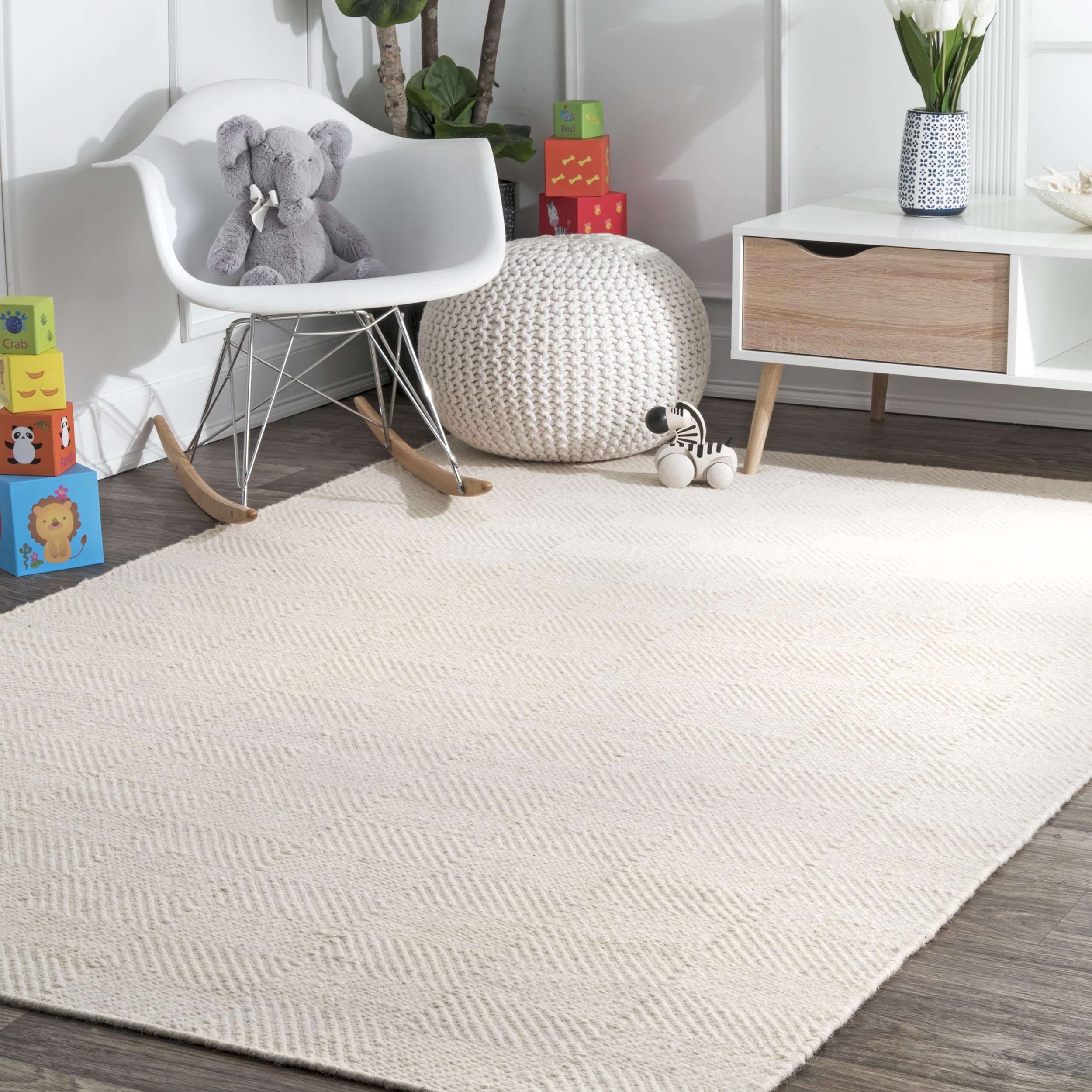 nuLOOM front view of Ago cream rug shows geometric design and neutral tone benefits
