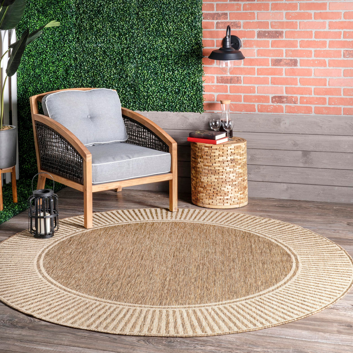 nuLOOM Asha front view showing full 7-foot round rug and bordered design benefit anchors space