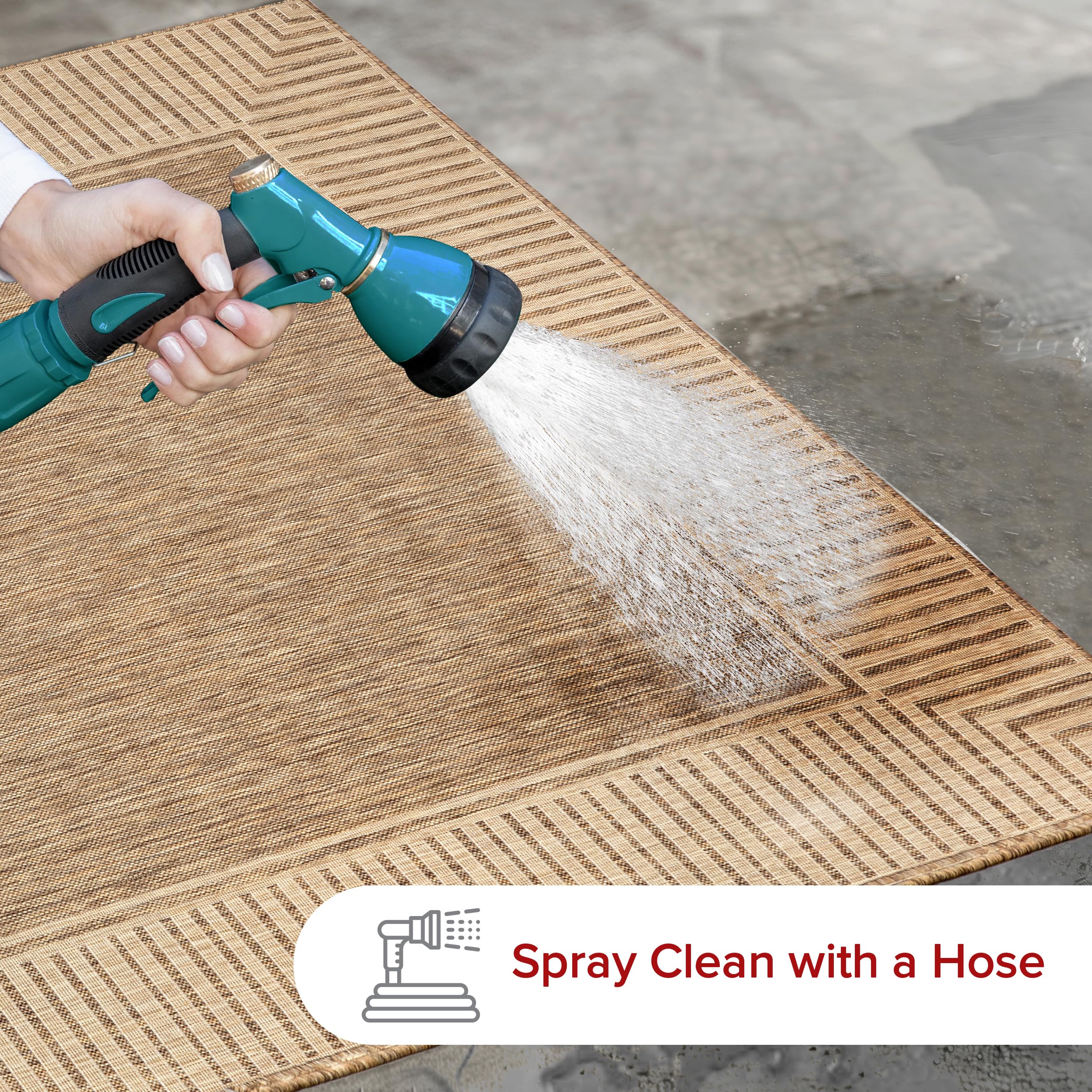 nuLOOM being rinsed with a hose showing quick-drying, easy-clean benefit
