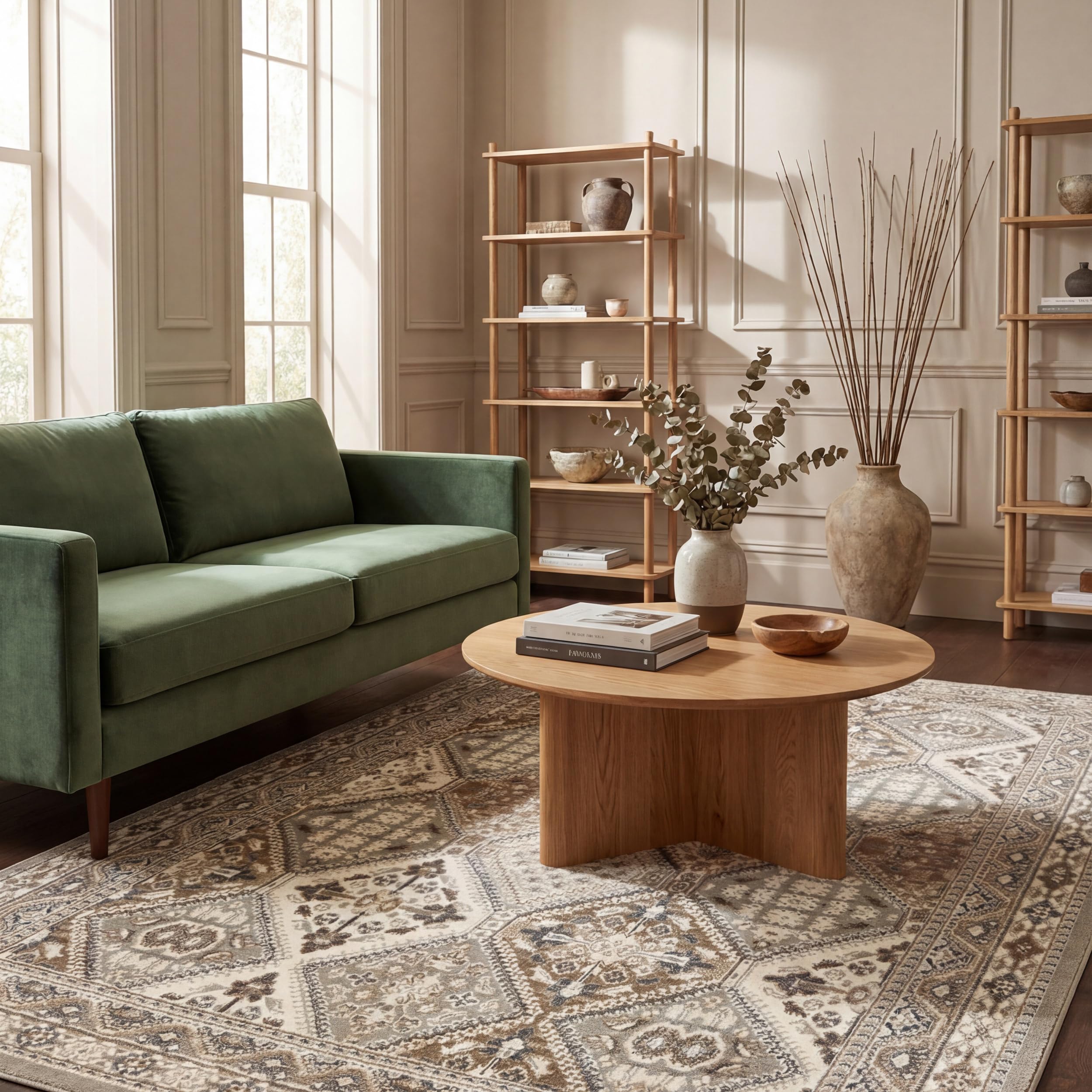 nuLOOM rug front view showing taupe medallion pattern and room-defining benefit