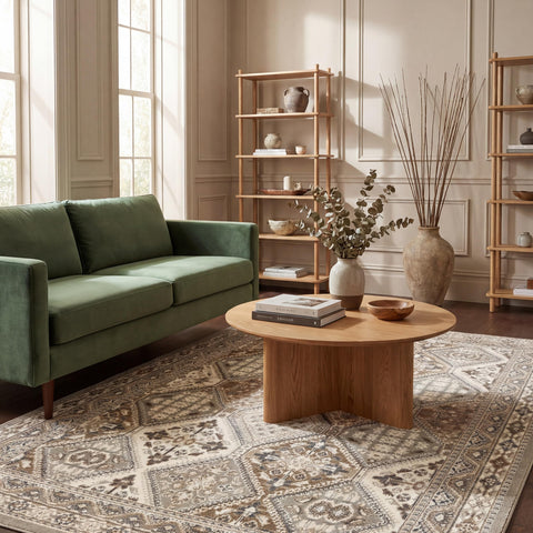 nuLOOM rug front view showing taupe medallion pattern and room-defining benefit