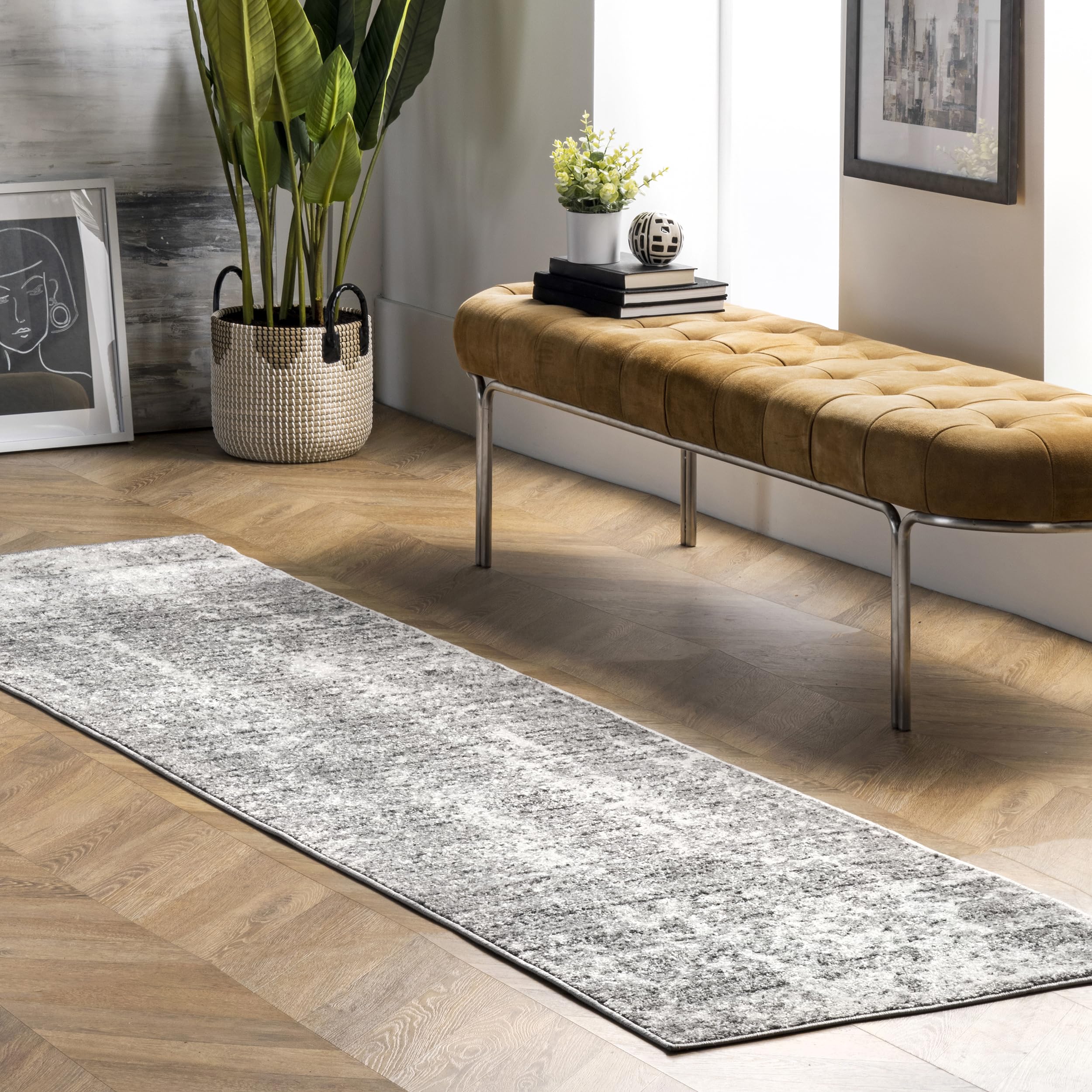 nuLOOM Deedra runner front view showing length and grey abstract design benefit: defines narrow spaces
