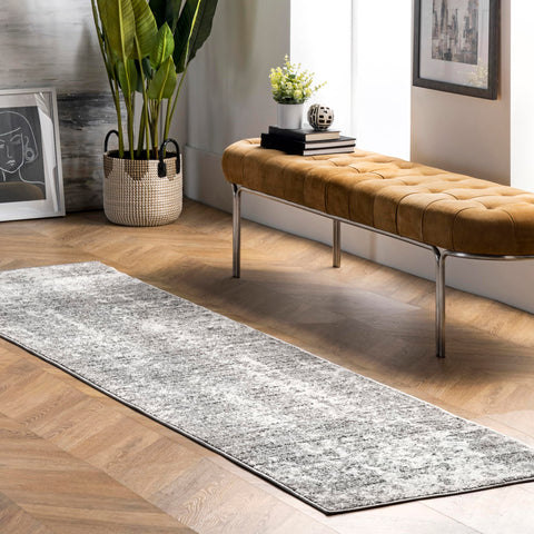 nuLOOM Deedra runner front view showing length and grey abstract design benefit: defines narrow spaces