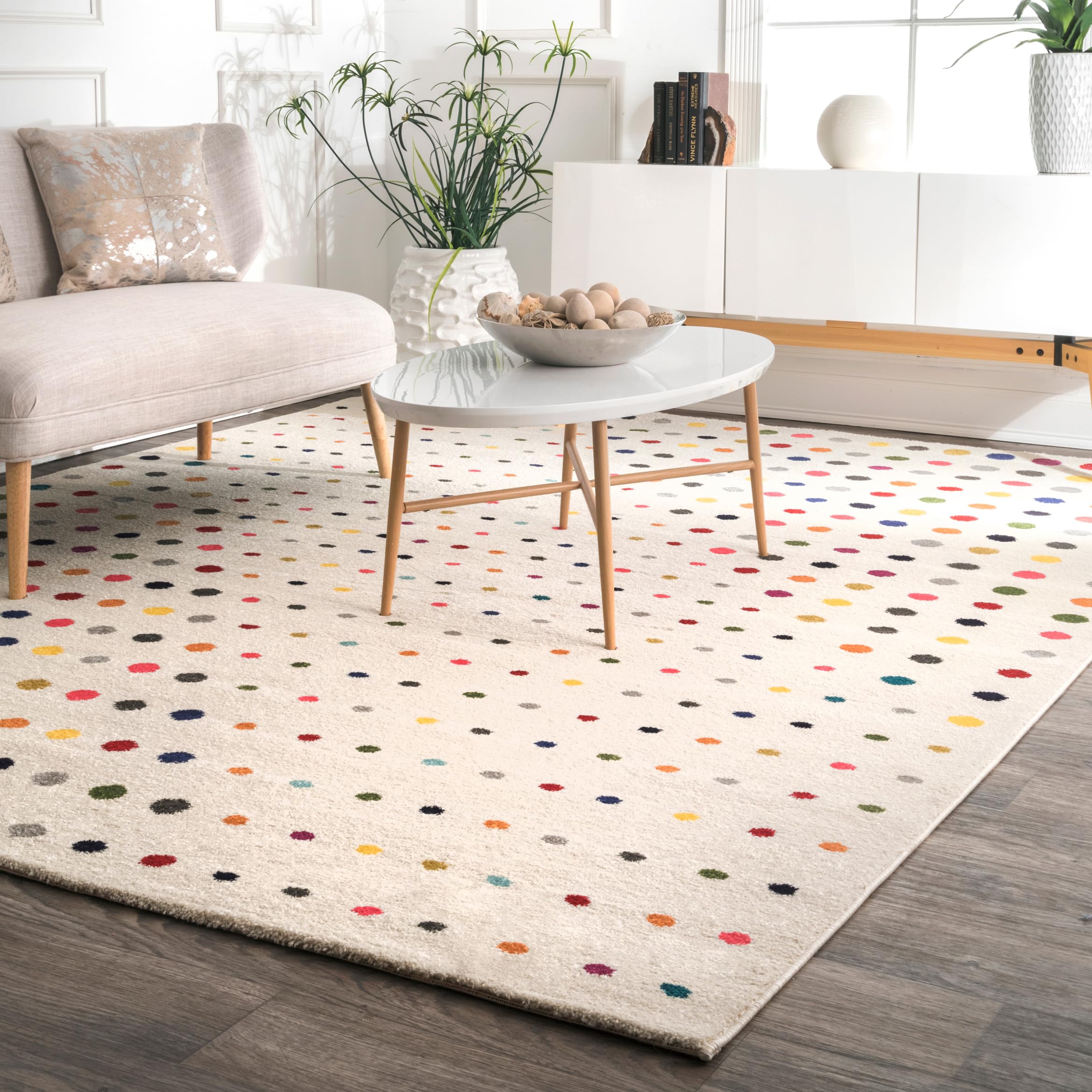 nuLOOM Dorie front view showing multicolor polka dots and inviting look