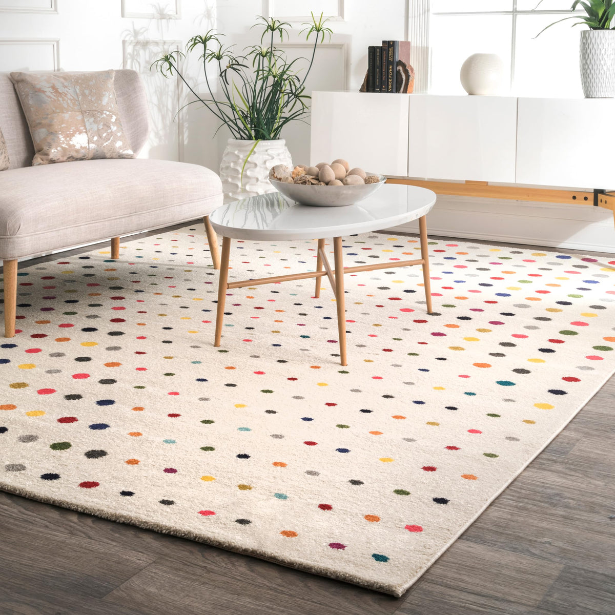 nuLOOM Dorie front view showing multicolor polka dots and inviting look