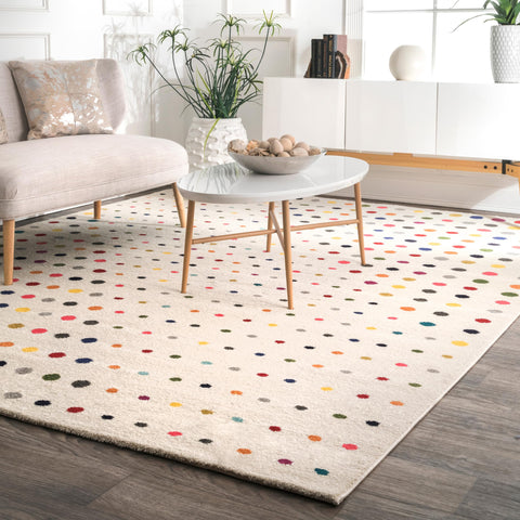 nuLOOM Dorie front view showing multicolor polka dots and inviting look