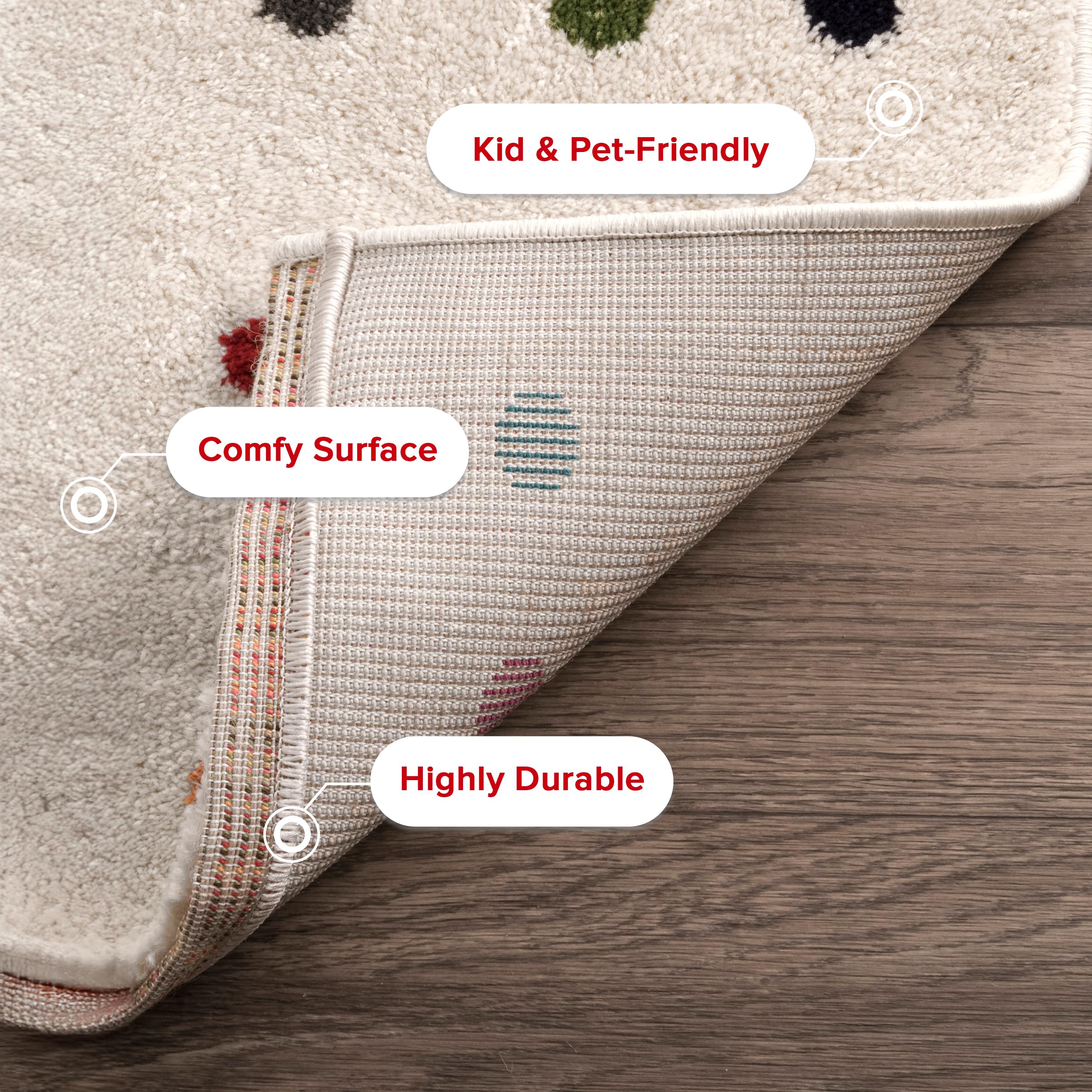 nuLOOM Dorie pattern detail highlighting colorful dots and easy styling