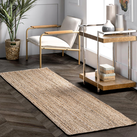 nuLOOM Rigo runner front view showing natural jute and rustic finish, adds warm texture