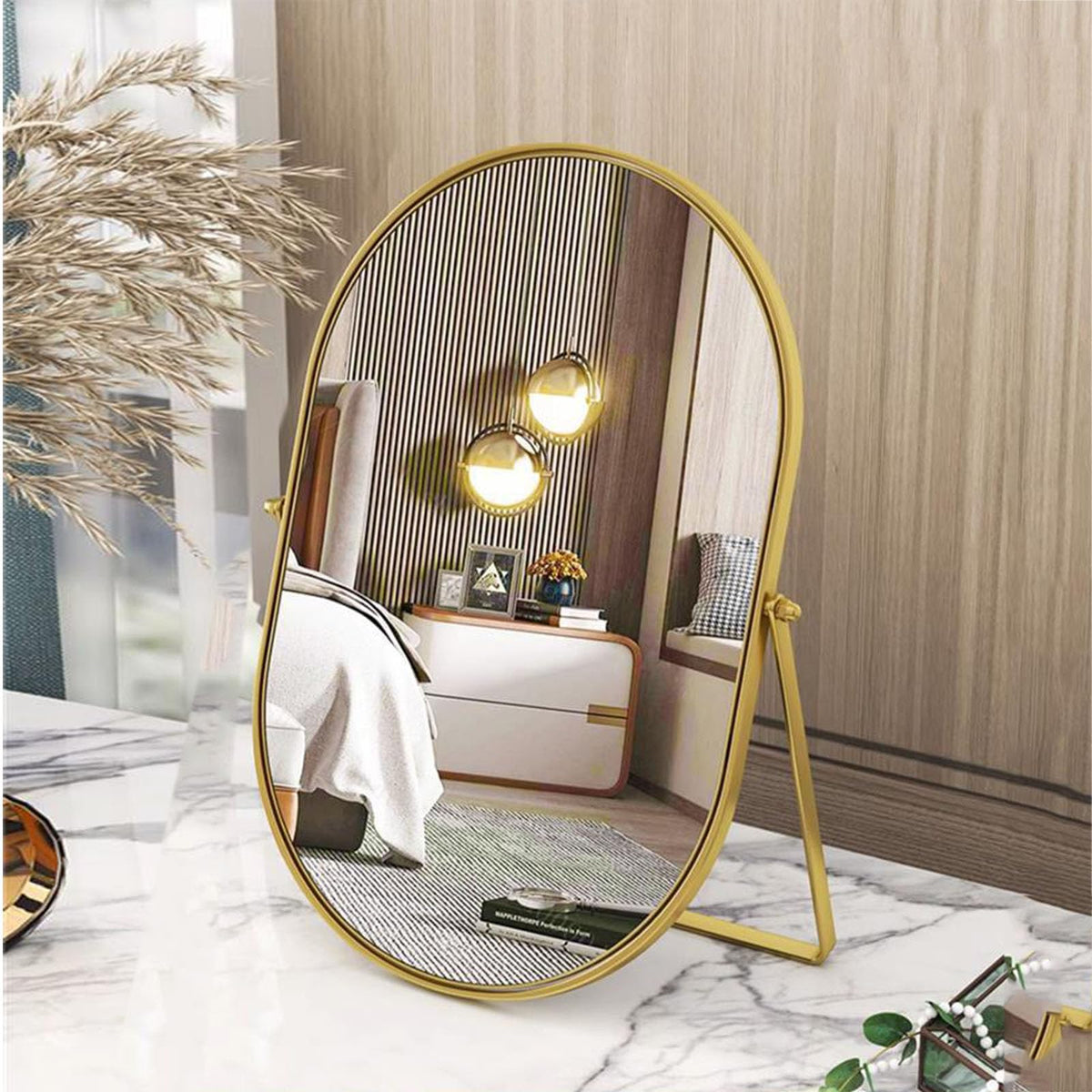 Numjeg oval vanity mirror front view showing clean reflection and balanced frame benefit