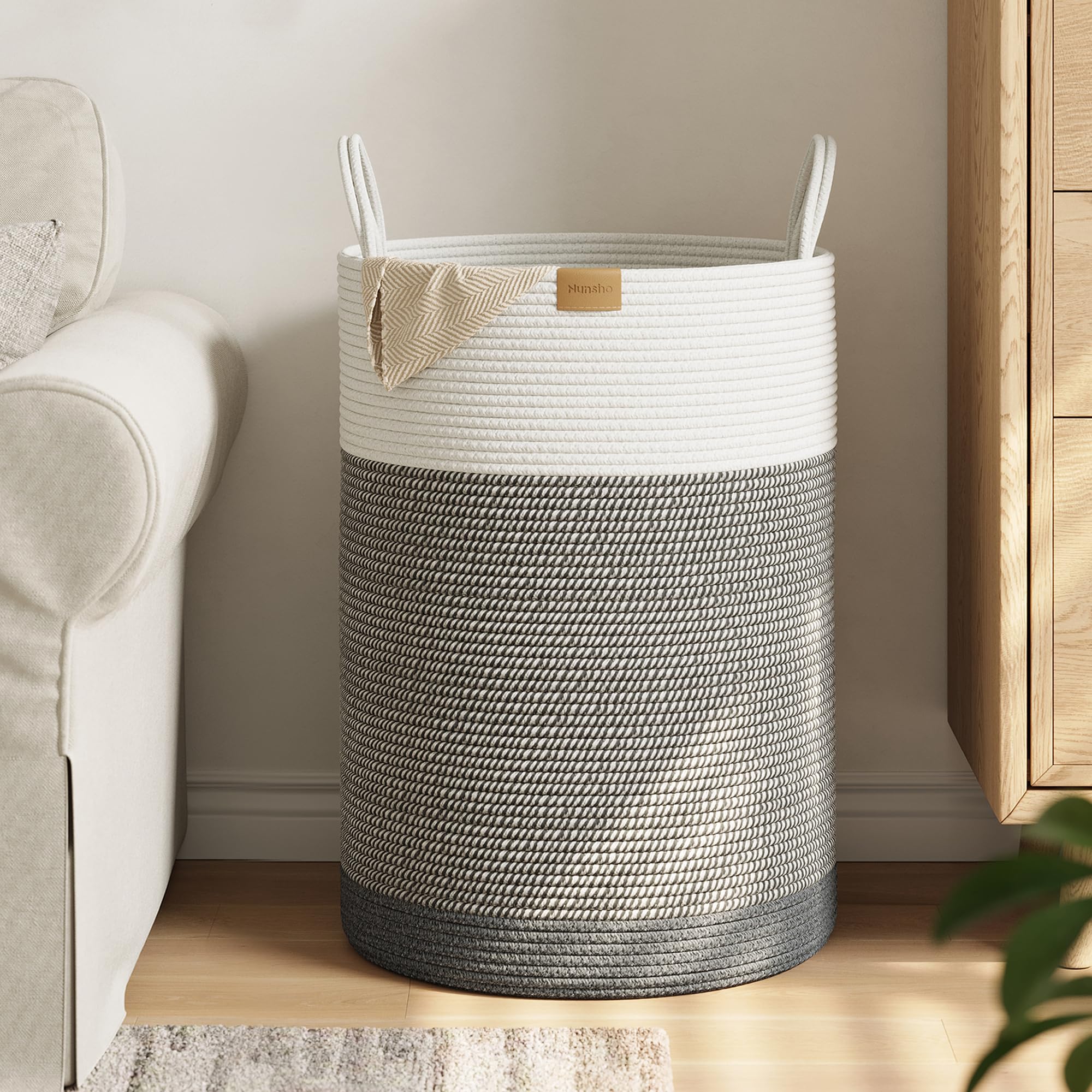 Nunsino front view grey white laundry hamper shows decorative storage and stable upright design