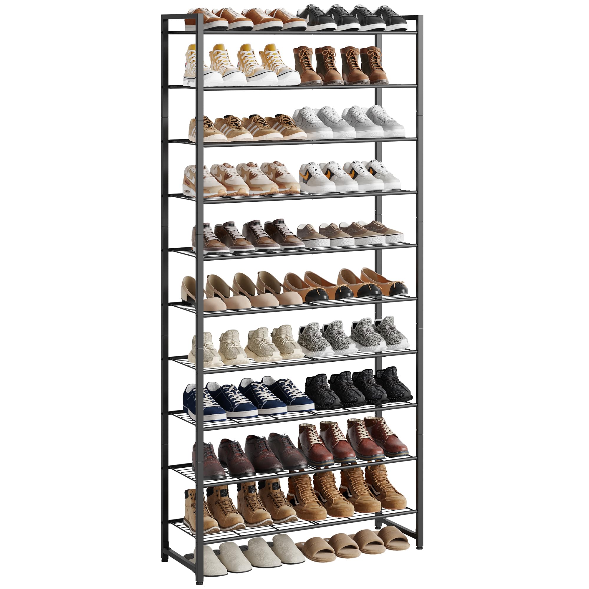 Nunsino front view of 10-tier shoe rack showing organized shoes and space savings