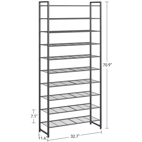 Nunsino shoe rack with shoes for scale showing capacity up to size US 12