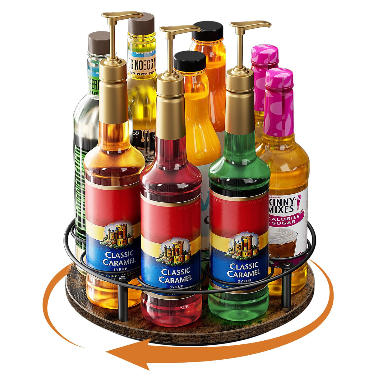 Nuovoware front view of rack showing organized syrups and tidy countertop