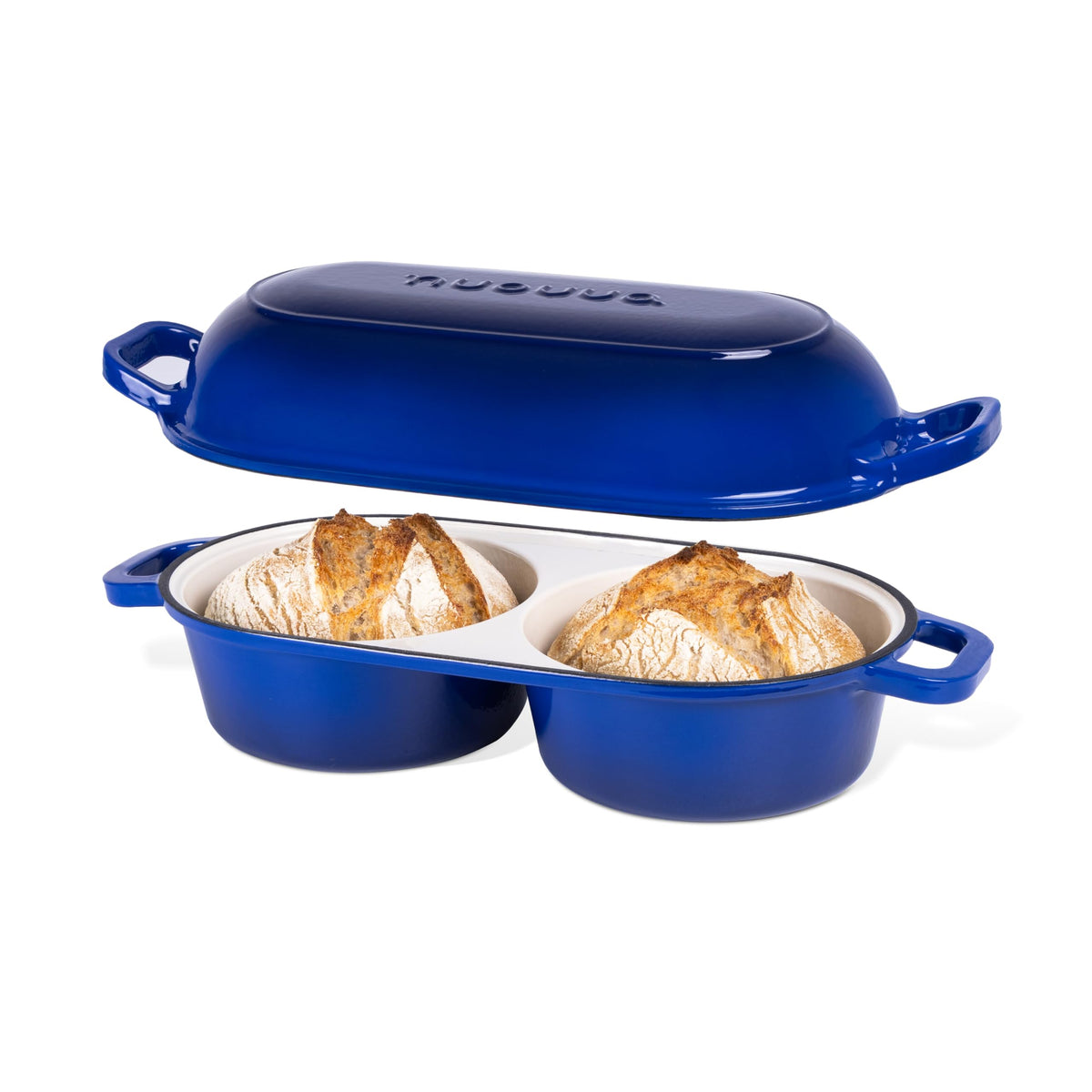 nuovva front view of double loaf dutch oven showing dual cavities and enamel finish for efficient baking