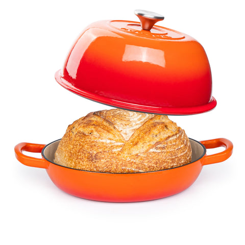 nuovva front view of orange Dutch oven showing robust design and even heat