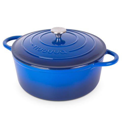 nuovva Dutch oven front view showing dark blue finish and elegant design benefit: attractive serving piece