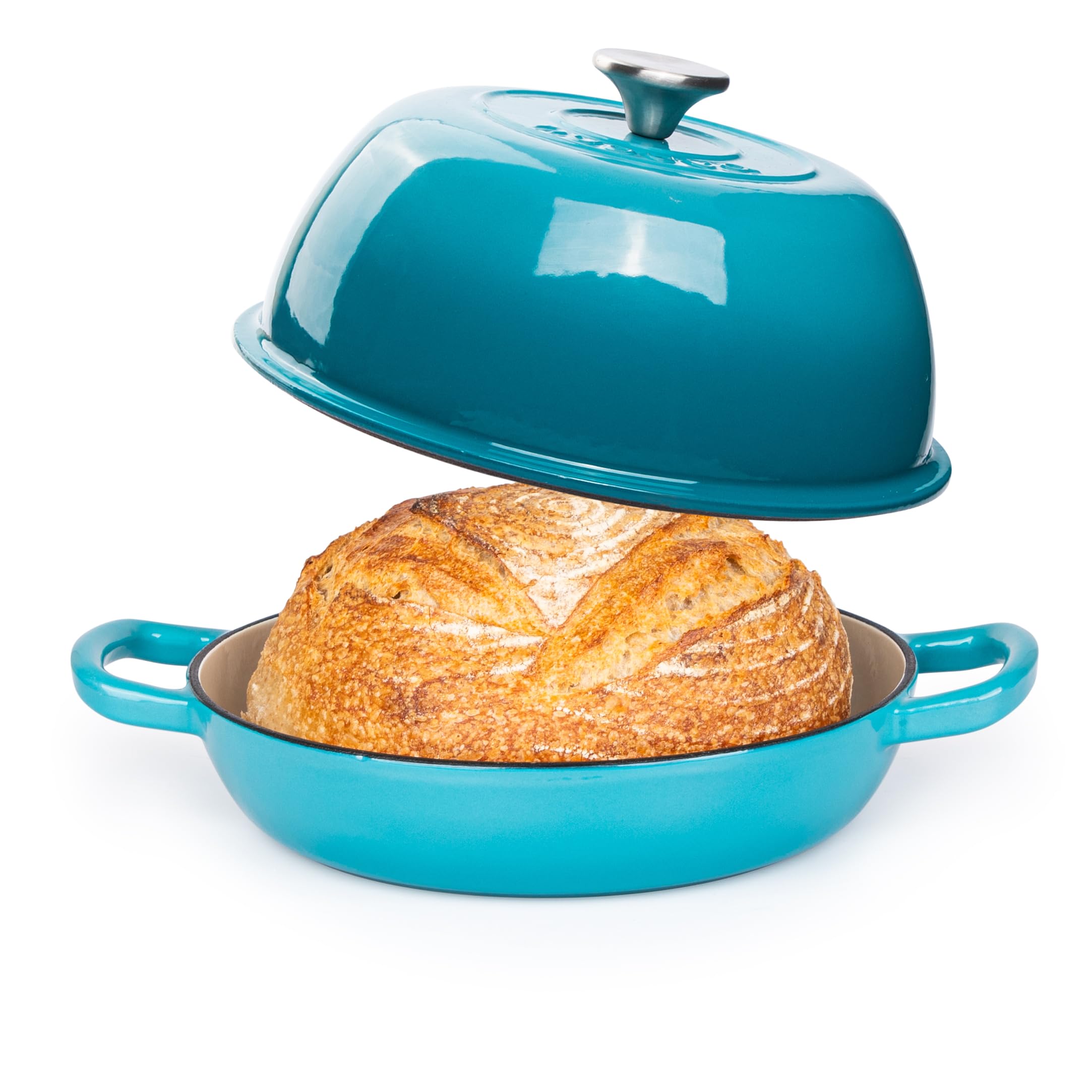 nuovva front view showing blue enamelled Dutch oven and lid, appealing presentation benefit