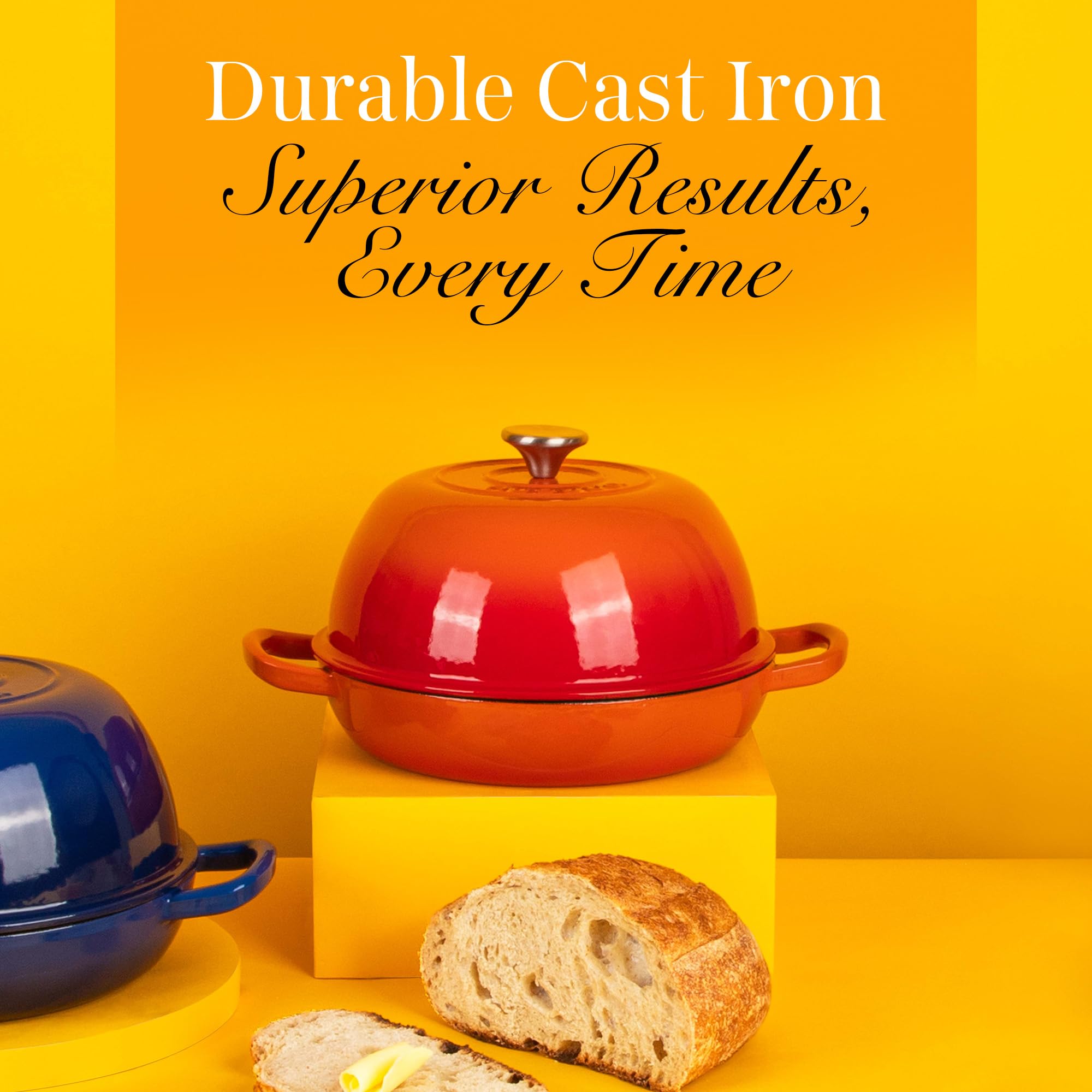 nuovva orange Dutch oven served on kitchen table adding stylish serving appeal