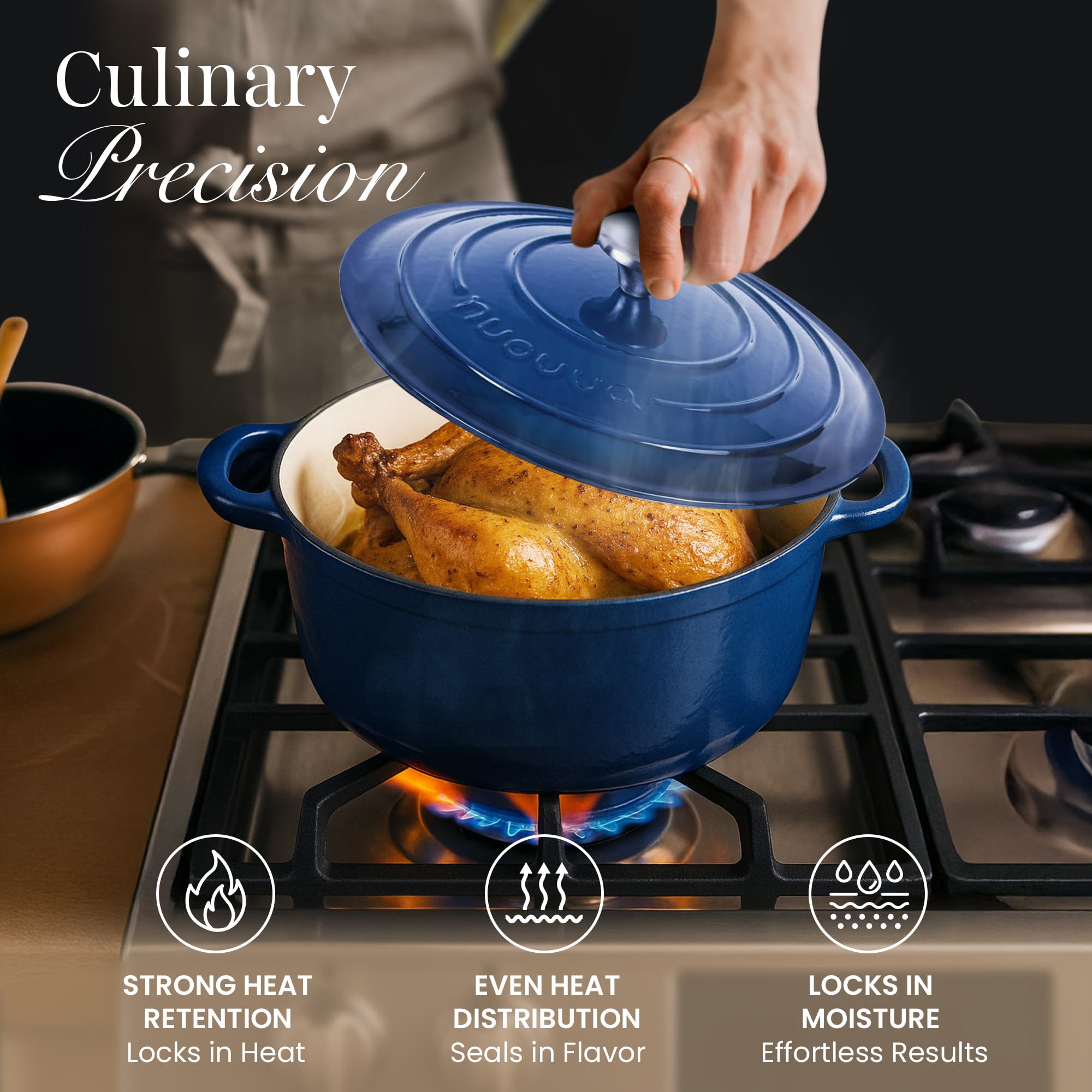 nuovva oven on stovetop demonstrating searing use benefit: versatile cooking