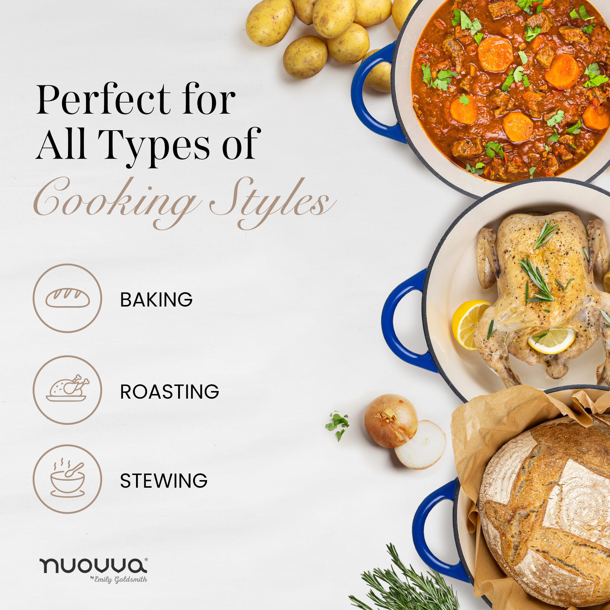 nuovva pot next to measuring items for scale showing 7.3‑quart capacity benefit: family size