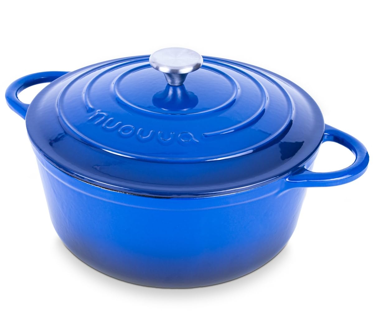 nuovva front view of dark blue Dutch oven showing sturdy design and serving appeal