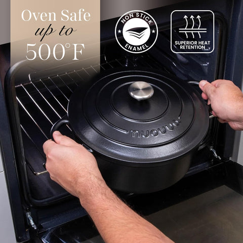 nuovva pot in oven with roast demonstrating oven safe up to 500° F