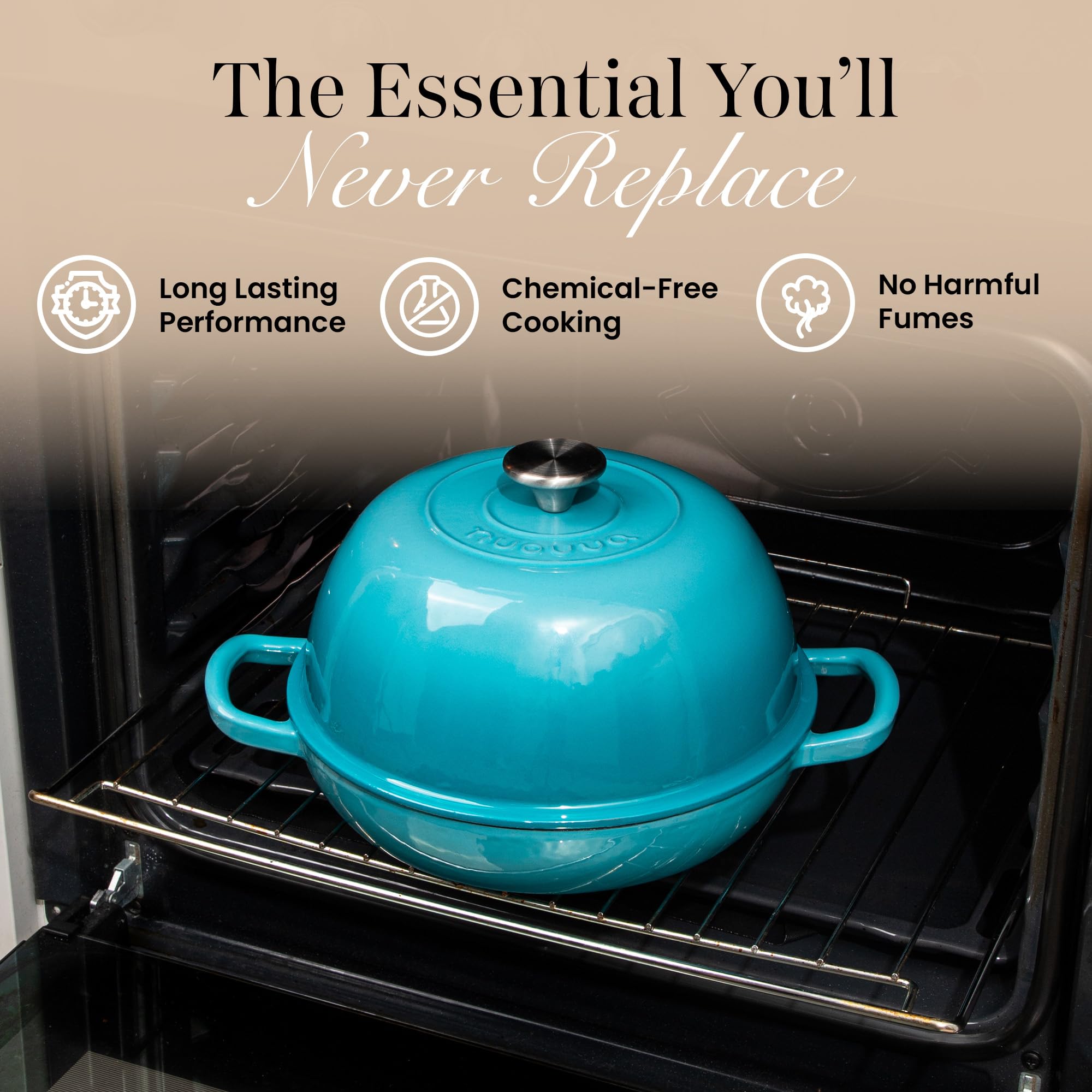 nuovva interior enamel surface and texture, non-reactive cooking benefit