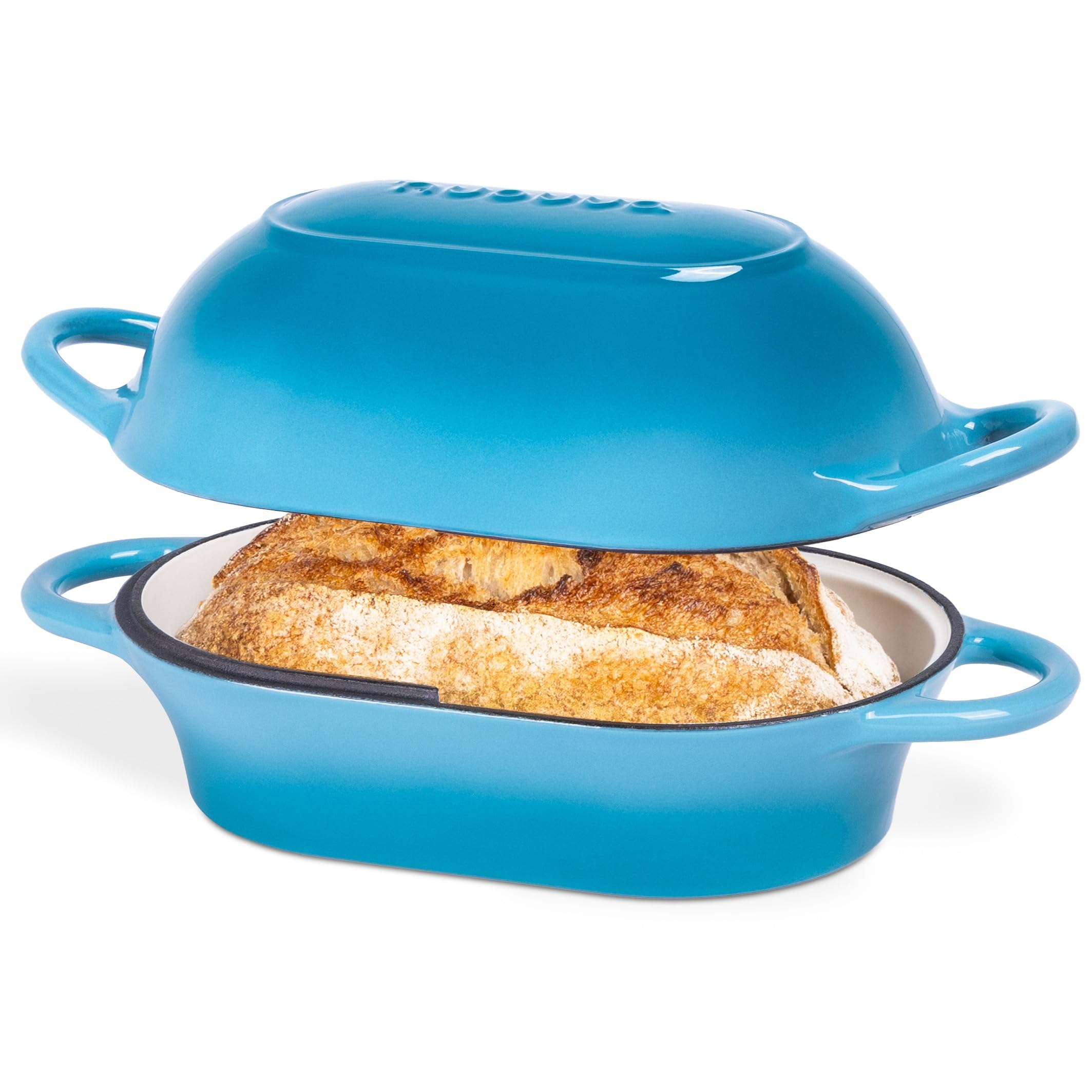 nuovva front profile of loaf pot showing light blue enamel and stable base for even baking