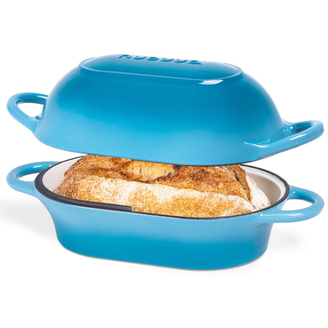 nuovva front profile of loaf pot showing light blue enamel and stable base for even baking