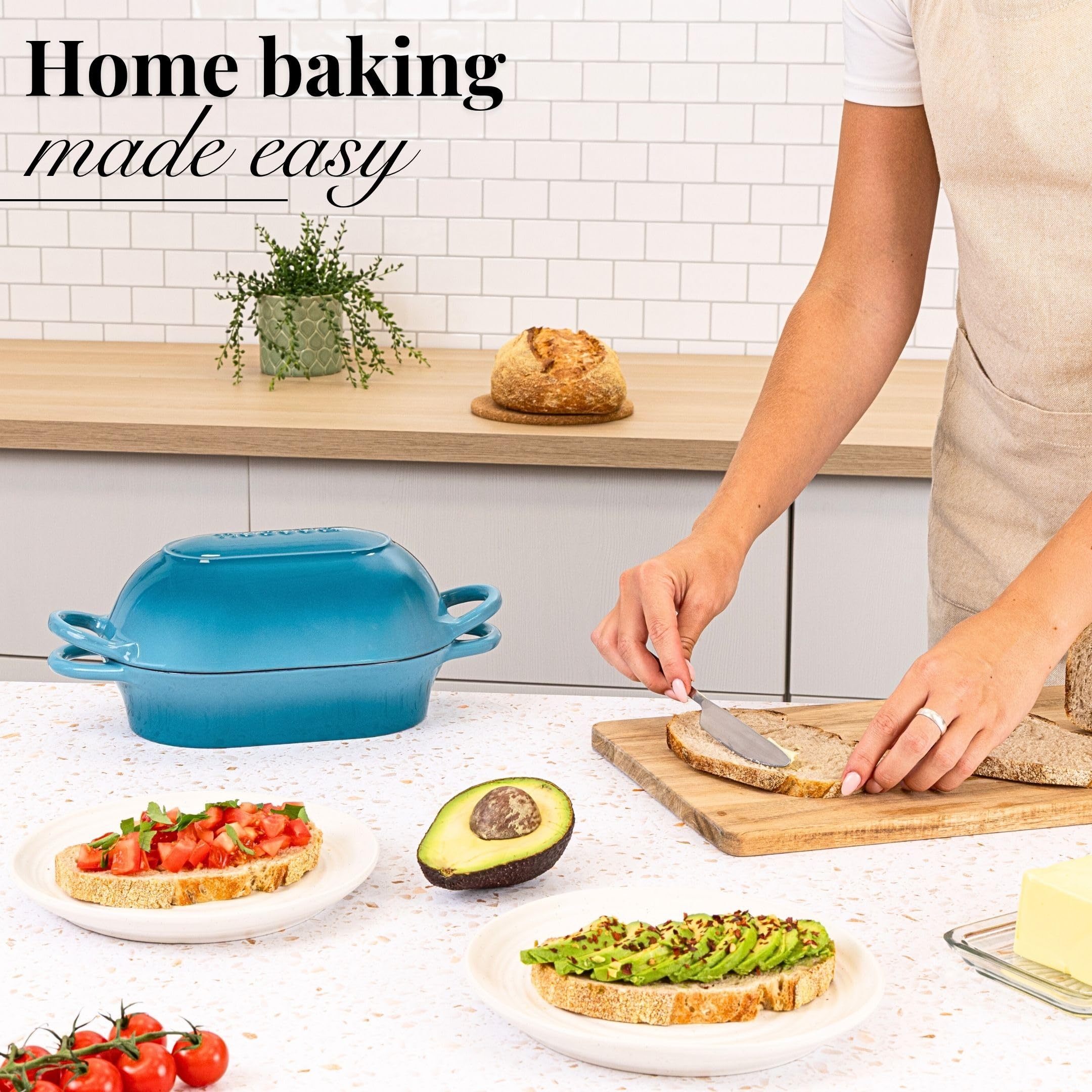 nuovva loaf pot in kitchen scene showing attractive light blue finish for serving directly