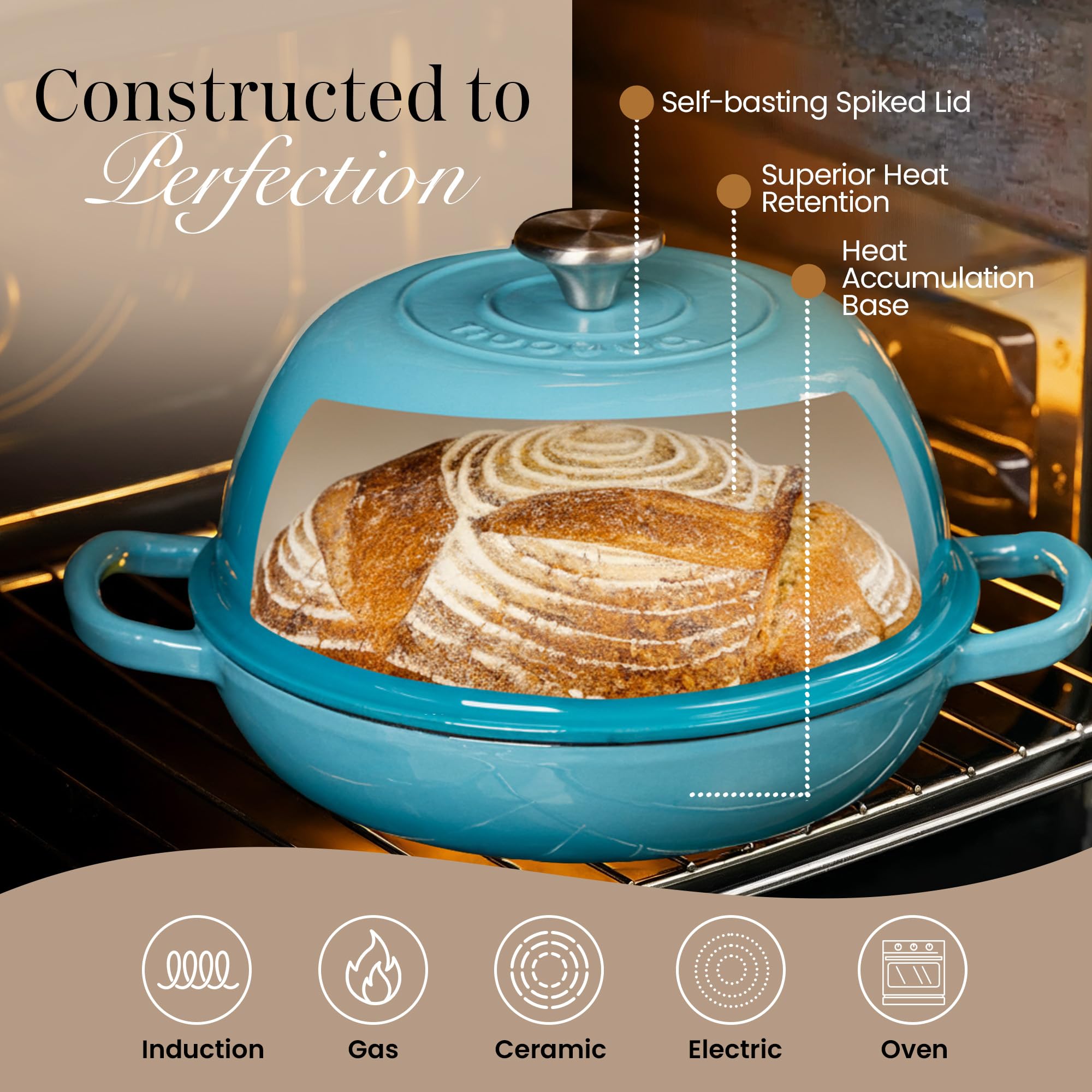 nuovva with lid on and sourdough loaf inside, even heat retention benefit
