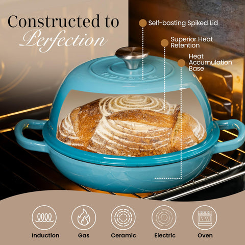 nuovva with lid on and sourdough loaf inside, even heat retention benefit